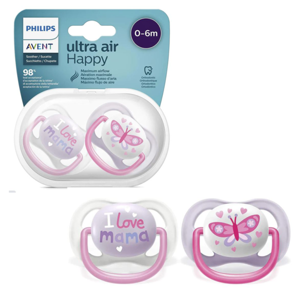 Philips Avent Ultra Air Silicone Sucette (0-6m) Maman / Papillon (2 Pieces) 1