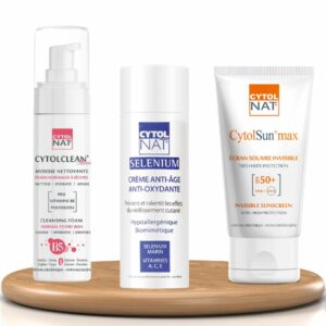 PACK CYTOL NAT : Cytolclean Mousse Nettoyante Peaux Normales A Sèches 150ml, CYTOL SELENIUM Crème de soin dermatologique Anti-âge, CytolSun max Ecran solaire invisible