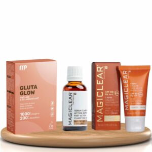 PACK : GLUTA GLOW Anti Age Eclaircissant 15 Sticks, MAGICLEAR Sérum Clarifiant 30ml, MAGICLEAR Crème Solaire Teintée SPF 50+ PA+++
